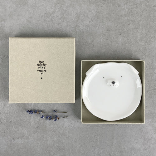 East of India Porcelain Dog Trinket Dish Gift Boxed 'Start each day with a wagging tail'