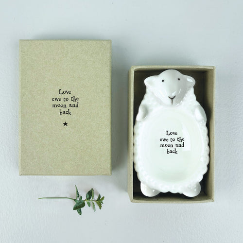 White Porcelain Sheep Trinket Dish 'Love you to the moon and back' Gift Boxed East of India