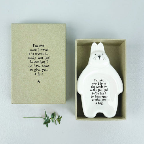 White Porcelain Rabbit Trinket Dish 'I'm not sure I have the words  ..... hug' Gift Boxed