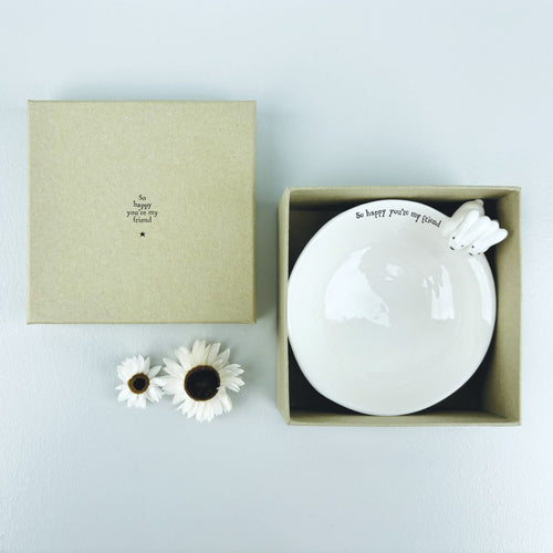 East of India Porcelain Dish with Bunnies 'So happy you're my friend' Gift Boxed
