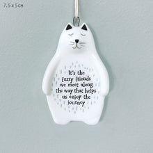 Load image into Gallery viewer, East of India White Porcelain Cat 'It's the furry friends we meet along the way that helps us enjoy the journey.'