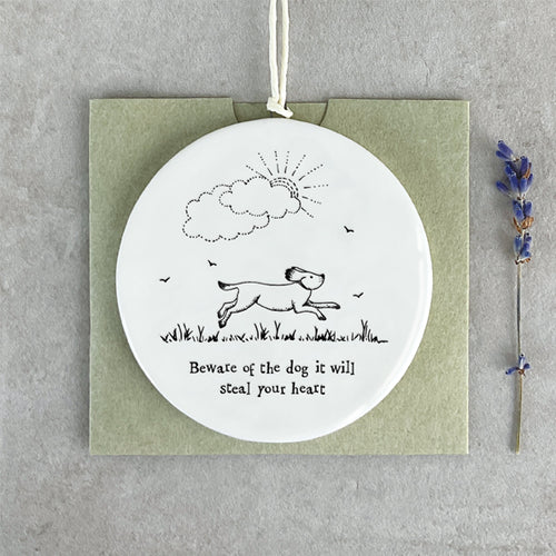 East of India White Porcelain Hanging Plaque 'Beware of the dog it will steal your heart.'