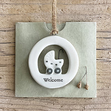 Load image into Gallery viewer, East of India Porcelain Cut Out New Baby Hanger 'Welcome'