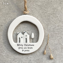 Load image into Gallery viewer, East of India Porcelain Cut Out Hanger Merry Christmas from our house to yours