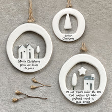 Load image into Gallery viewer, East of India Porcelain Cut Out Hanger Merry Christmas from our house to yours
