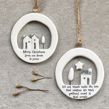 Load image into Gallery viewer, East of India Porcelain Cut Out Hanger It&#39;s now what&#39;s under the tree .....