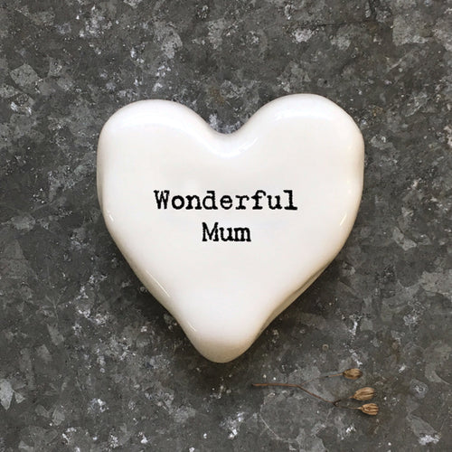 East of India White Porcelain Heart Pebble - 'Wonderful Mum'
