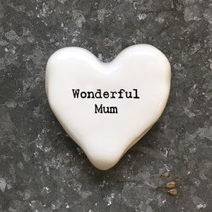 East of India White Porcelain Heart Pebble - 'Wonderful Mum'