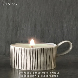 East of India Porcelain Rustic Style Candle Holder including Candle - Scratched Lines Design