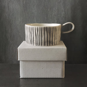 East of India Porcelain Rustic Style Candle Holder including Candle - Scratched Lines Design