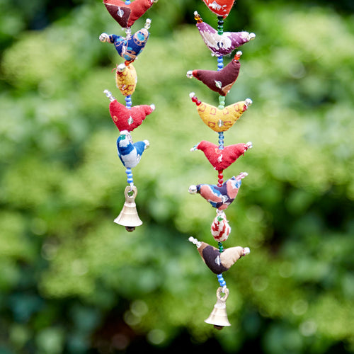 Fairtrade Recycled Fabric Hanging Tota Birds with Bell