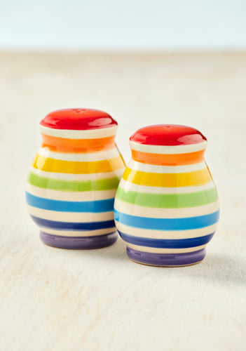 Hand painted Rainbow Stripe Sal and Pepper Pots (Pair) Fairtrade