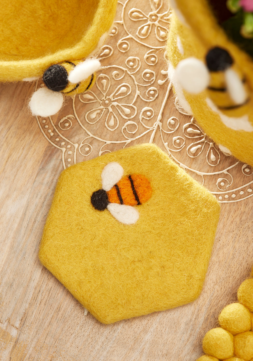 Handmade Felt Bee Coaster Eco Fairtrade