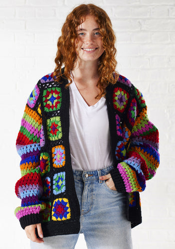 Wool Granny Square Crochet Cardigan Fairtrade Black