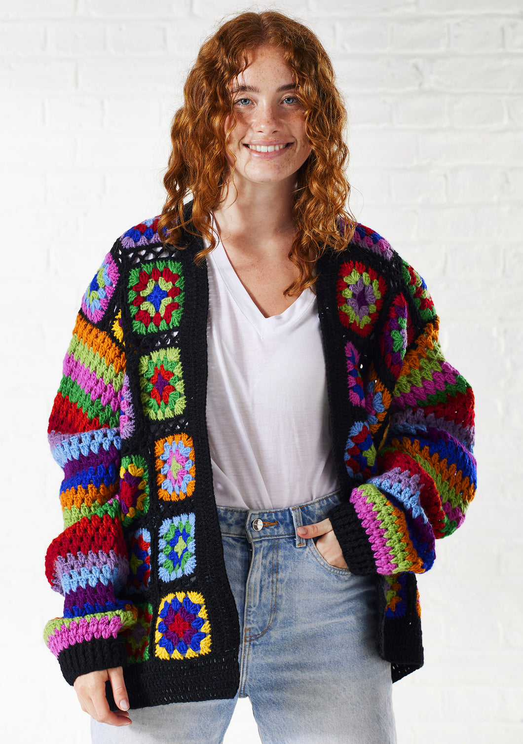 Wool Granny Square Crochet Cardigan Fairtrade Black