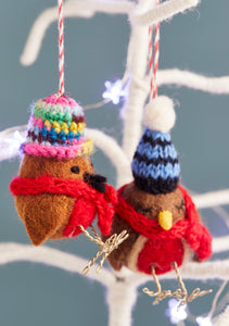 Pair of Handmade Festive Felt Robin Decorations in Knitted Hats and Scarves