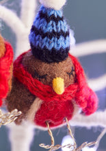 Load image into Gallery viewer, Pair of Handmade Festive Felt Robin Decorations in Knitted Hats and Scarves
