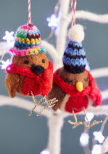 Load image into Gallery viewer, Pair of Handmade Festive Felt Robin Decorations in Knitted Hats and Scarves