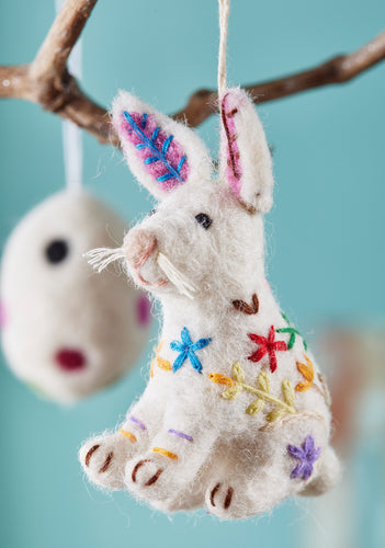 Handmade Hanging Felt Embroidered Rabbit Decoration Eco Fairtrade