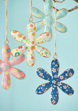 Load image into Gallery viewer, Set Of Four Ditsy Floral Fairtrade Hanging Metal Flower Decorations