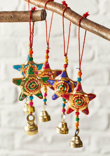 Set of Five Fairtrade Star Hanging Decorations with Bell