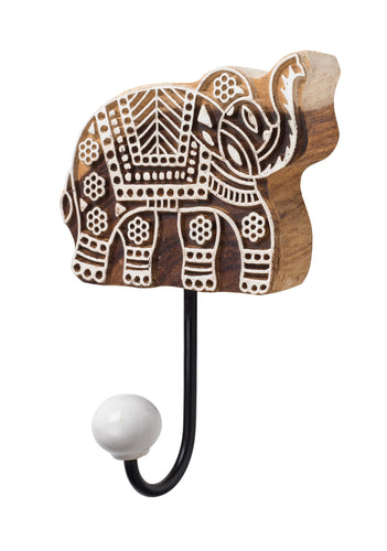 Elephant Wood/Ceramic Print Block Wall Hook Fairtrade