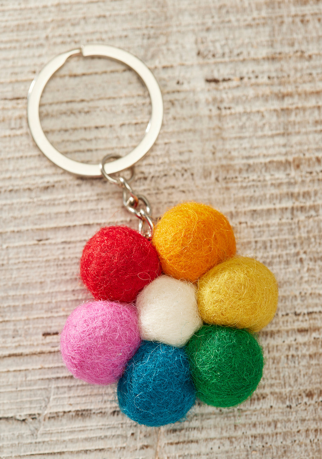 Handmade Felt Pom Pom Rainbow Flower Keyring Eco Fairtrade