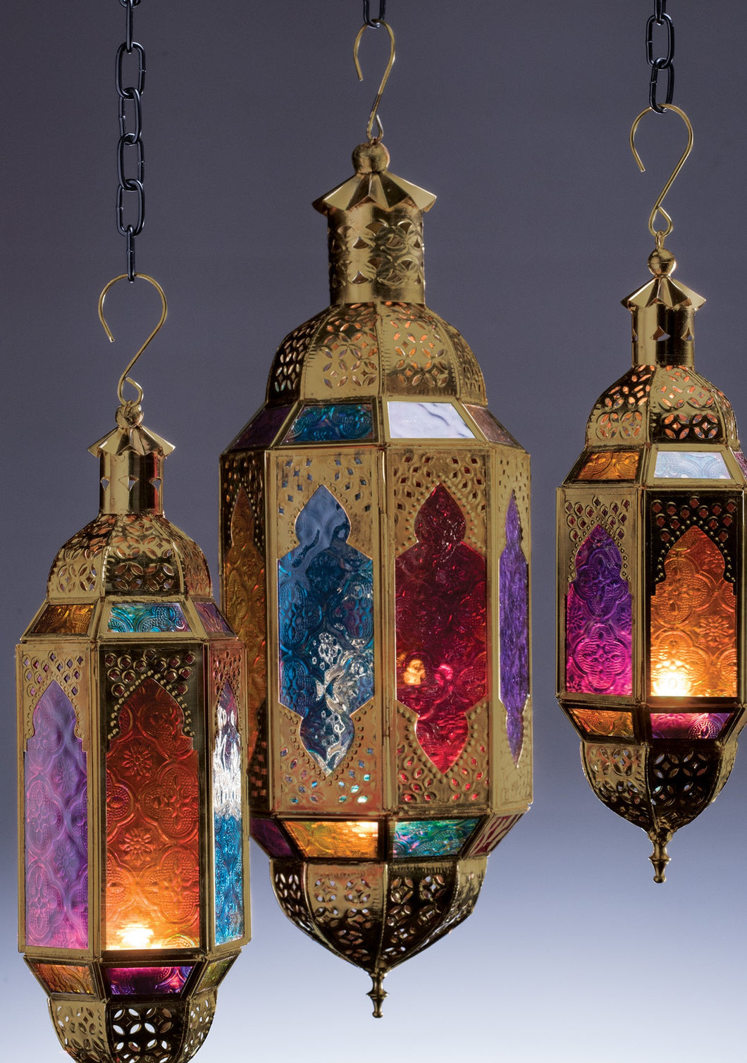 Large Gold Finish Moroccan Style Hanging Multi Glass Lantern Fairtrade