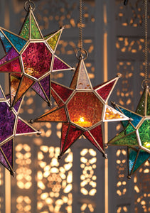 Hanging Moroccan Style Star Lantern Coloured Glass Handmade