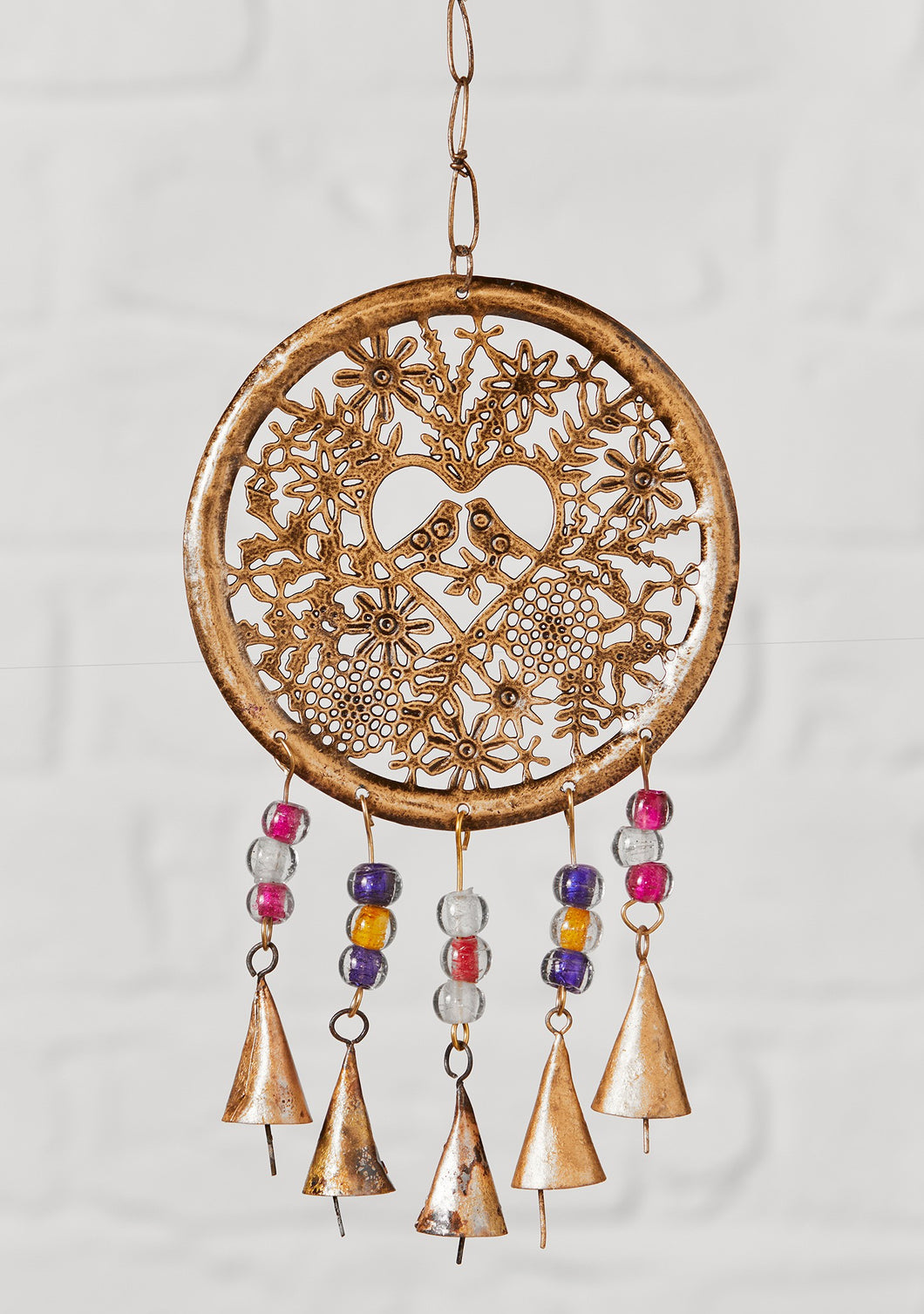 Gold Windchime Tree of Life with Birds Multi Coloured Beads Eco Fairtrade