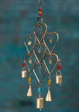 Load image into Gallery viewer, Recycled Iron Gold Windchime with Hearts and Beads Eco Fairtrade