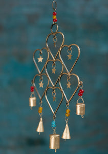 Recycled Iron Gold Windchime with Hearts and Beads Eco Fairtrade