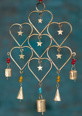 Recycled Iron Gold Windchime with Hearts and Beads Eco Fairtrade