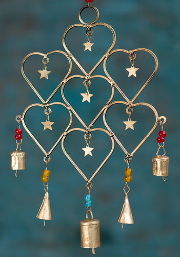 Recycled Iron Gold Windchime with Hearts and Beads Eco Fairtrade