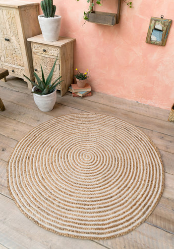 Large Round Natural Braided Rug, Jute & Cotton 120cm