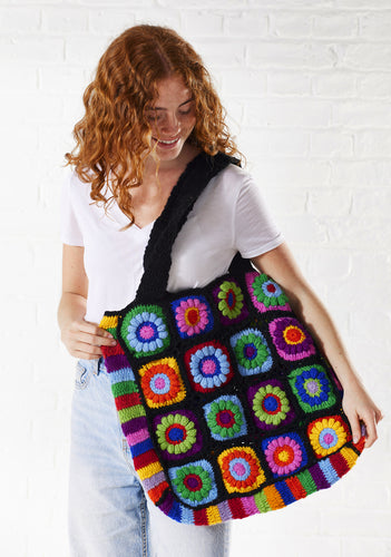 Large Wool Granny Square Crochet Bag Fairtrade Black floral