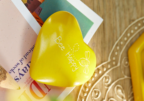 Bee Happy Yellow Soapstone Sentiment Pebble Fairtrade