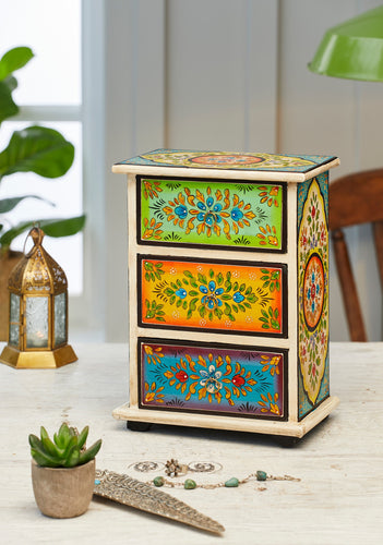 Manya Hand Painted Decorative 3 Drawer Wooden Chest Fairtrade