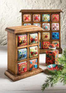 Handmade Sixteen Drawer Ceramic Spice Chest Mango Wood Fairtrade