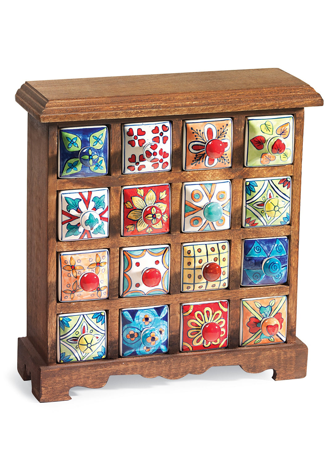 Handmade Sixteen Drawer Ceramic Spice Chest Mango Wood Fairtrade