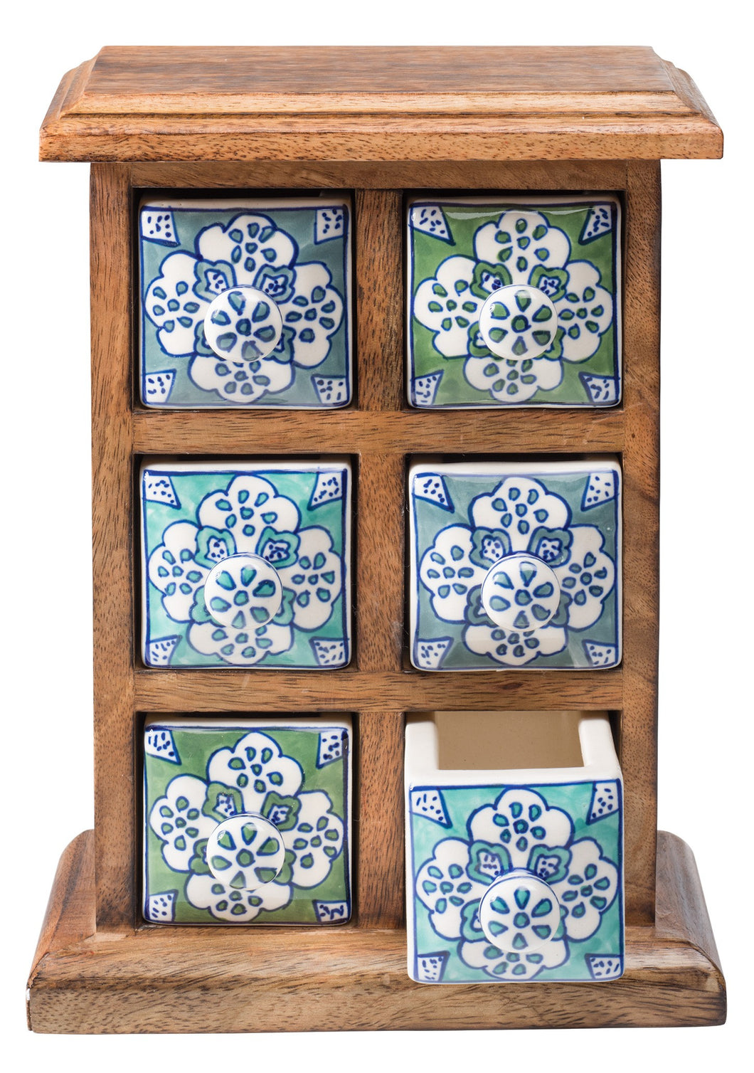 Handmade Six Drawer Ceramic Spice Chest Mango Wood Fairtrade