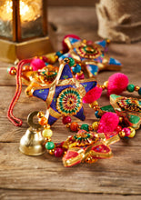 Load image into Gallery viewer, Hanging String of Gold Embellished Fairtrade Fabric Starts with pom poms and beads