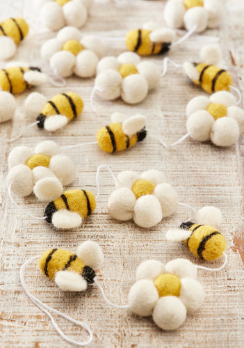 Handmade Felt Pom Pom Bee and Daisy Flower Garland Eco Fairtrade