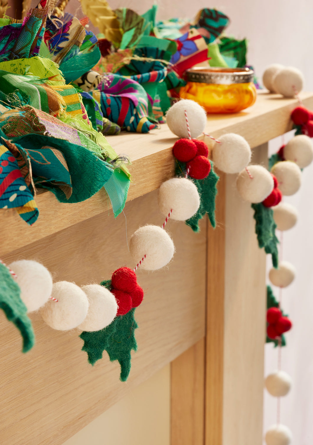 Fairtrade Eco Felt Christmas Garland Holly Pom Pom