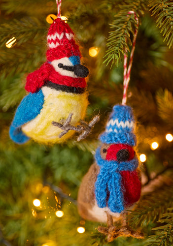 Handmade Felt Bird Decoration in Matching Hat and Scarf
