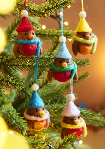 Set of 5 Hanging Fairtrade Eco Felt Robin Decorations