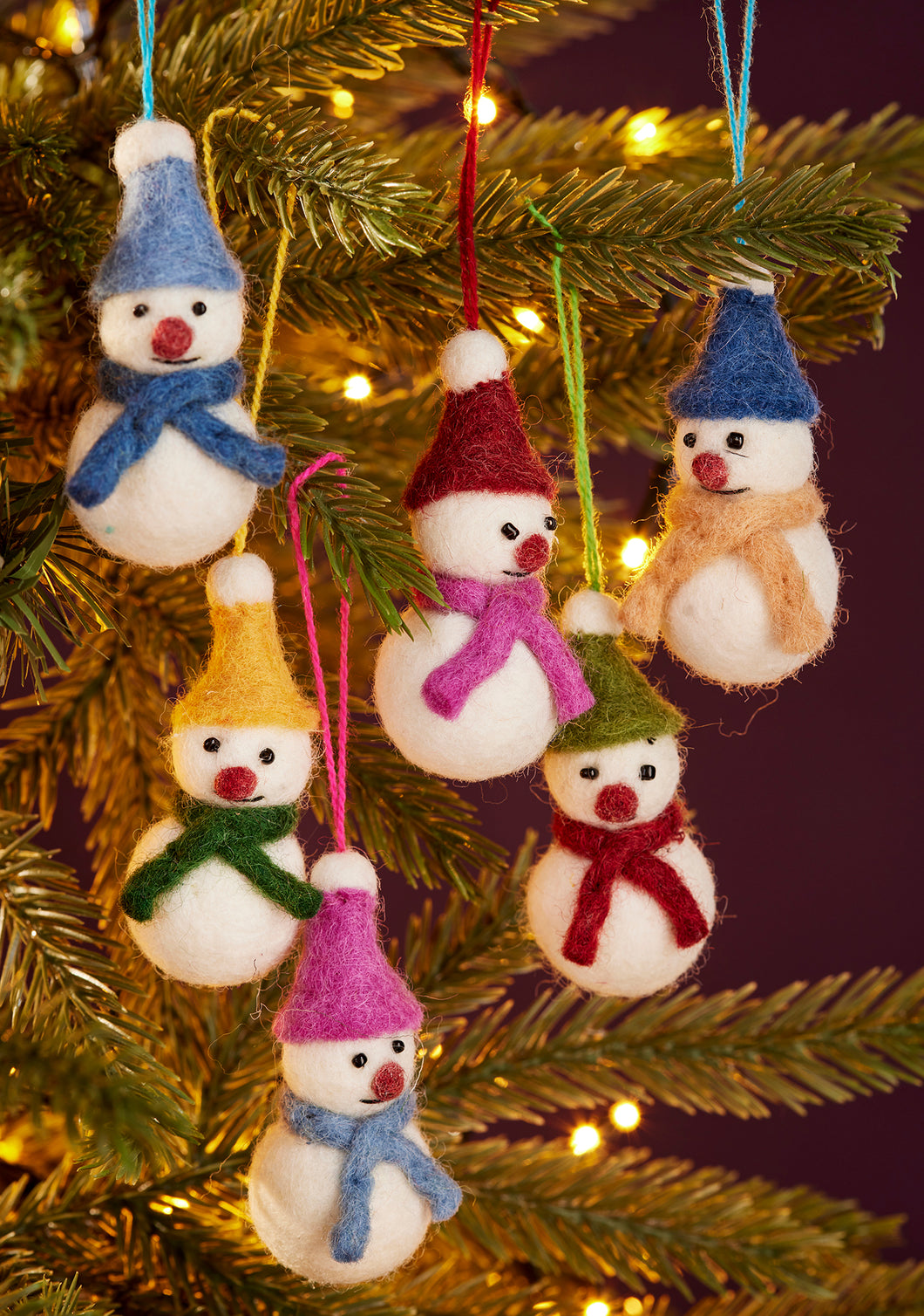 Set of 6 Hanging Fairtrade Eco Felt Snowman Decorations