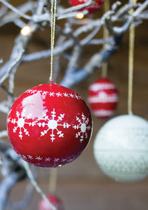 Set of Four Handmade Fairtrade Large Red and Cream Christmas Baubles