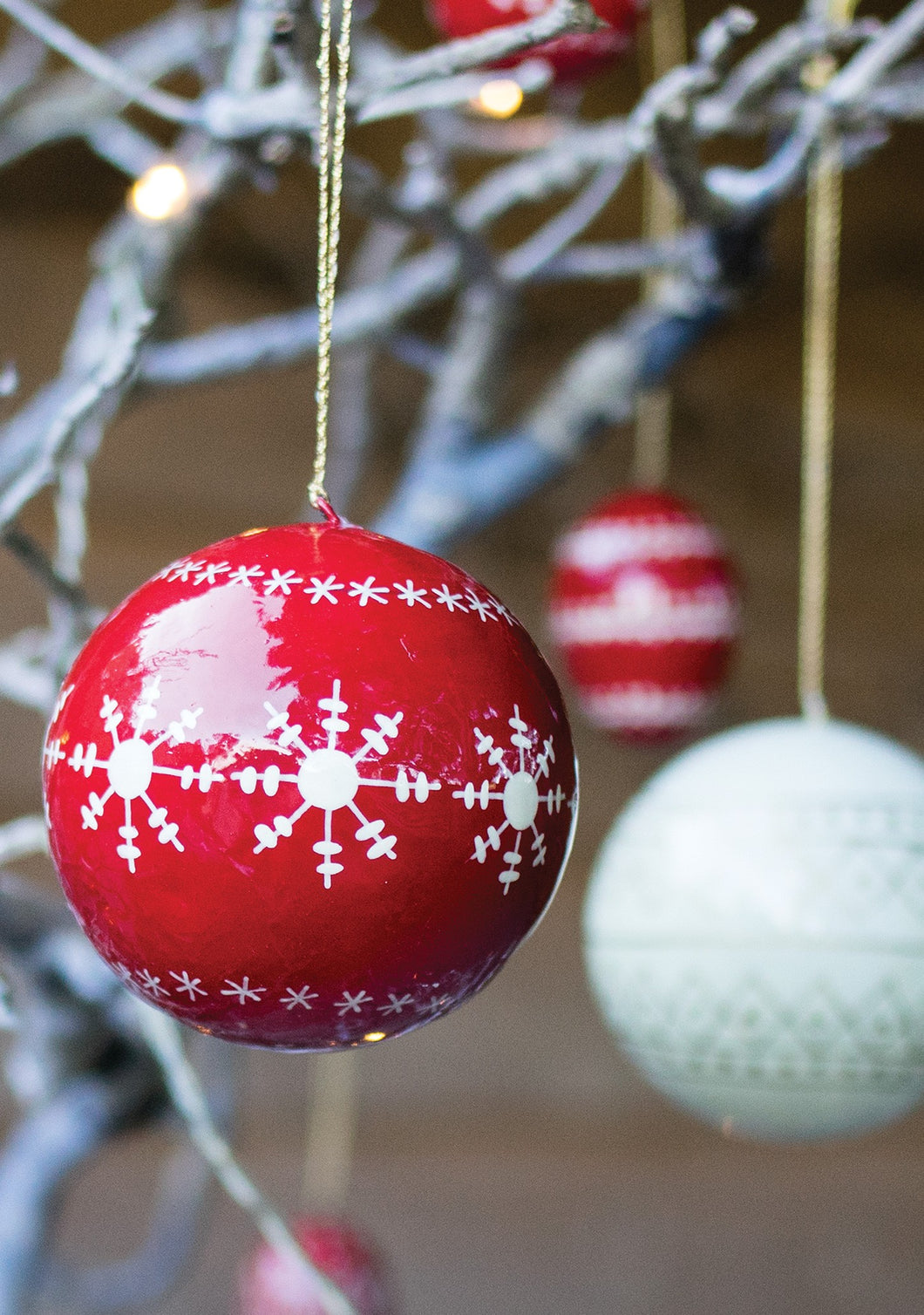 Set of Four Handmade Fairtrade Large Red and Cream Christmas Baubles