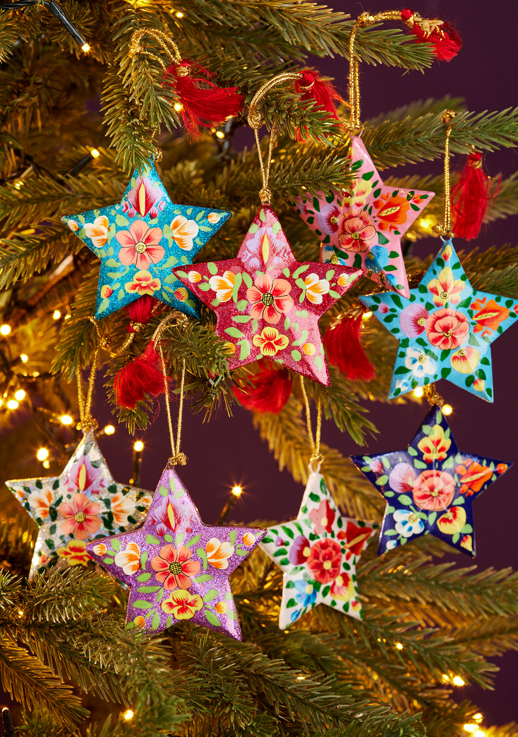 Set of 8 Hand Painted Hanging Fairtrade Kashimiri Star Decorations